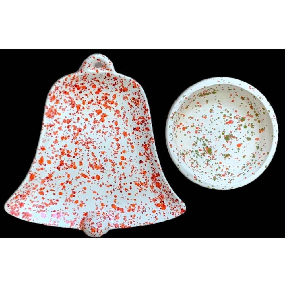 2 MCM Ceramic Christmas Serving Candy Nut Dishes Spatter Glaze Vintage Bell, Rnd